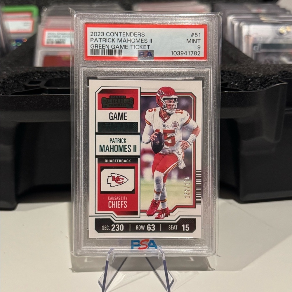 2023 Panini Contenders Patrick Mahomes II Green Game Ticket /175 Card. PSA 9